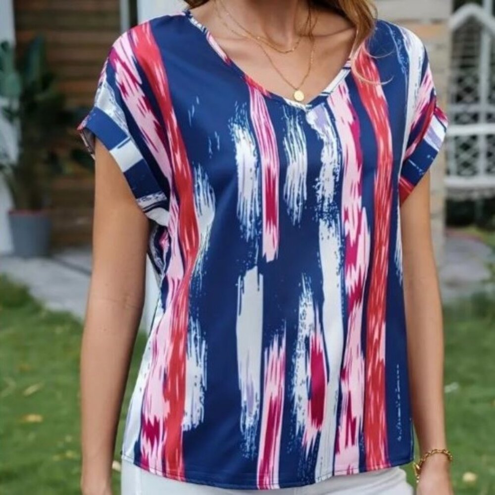 Stylish Striped V-neck Blouse for Women - Navy Blue SIze XXL (14)
